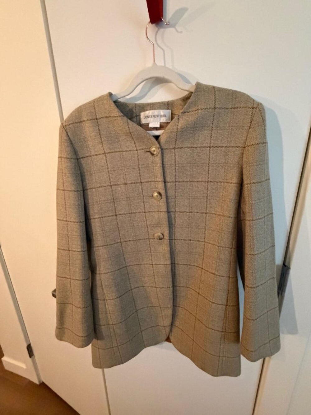 Jones New York Tan Windowpane Plaid Jacket | Collarless | 3 Button | Size 8